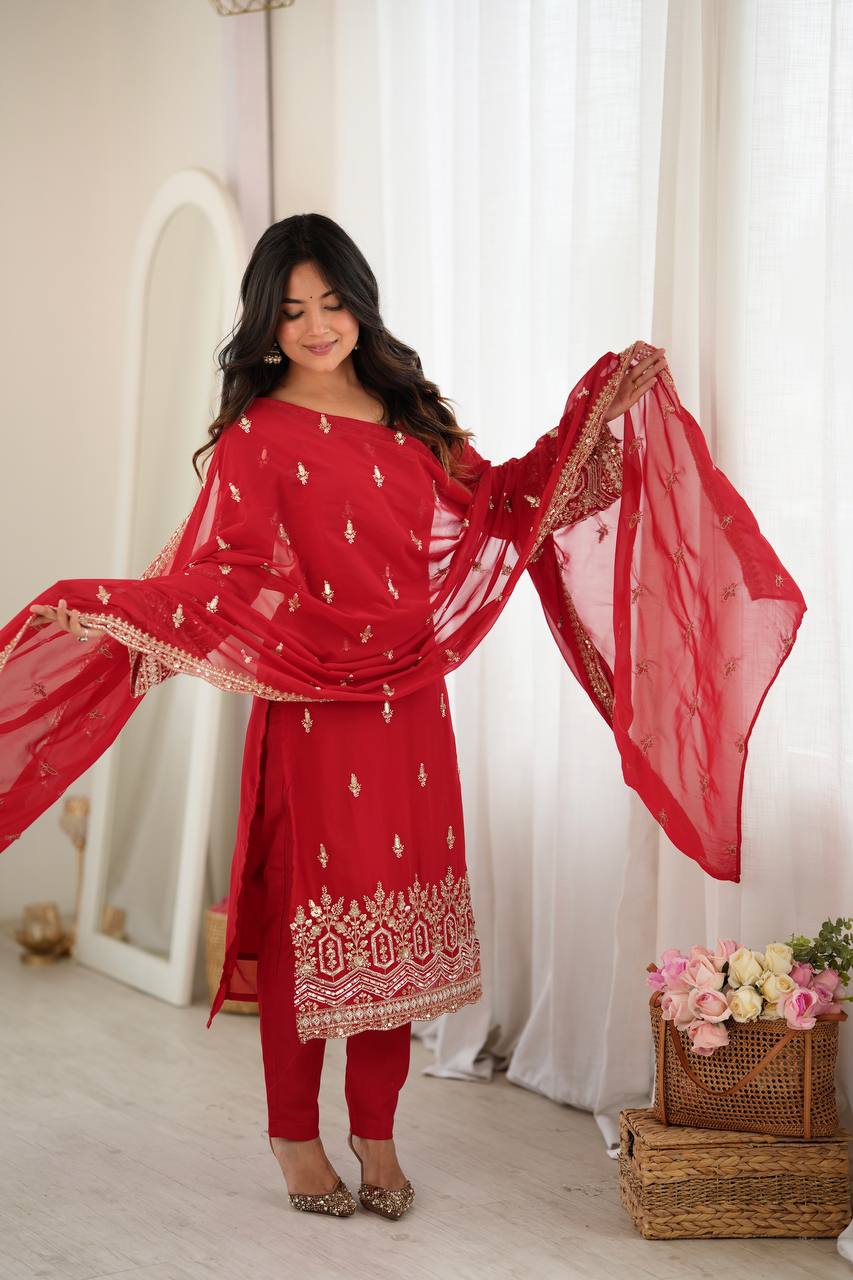 Red Faux Georgette Sequins Embroidered Straight Suit