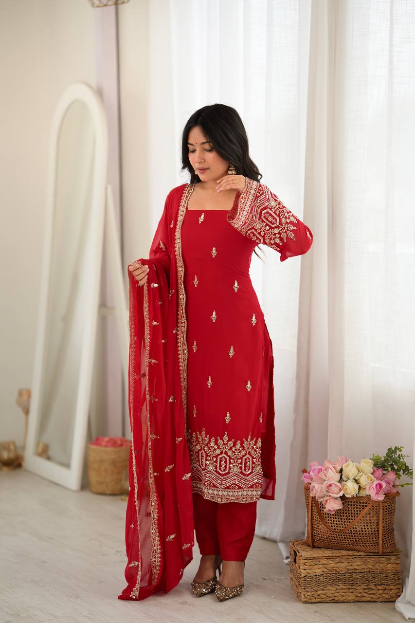 Red Faux Georgette Sequins Embroidered Straight Suit