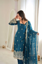 Teal Blue Faux Georgette Sequins Embroidered Straight Suit