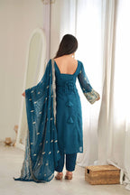 Teal Blue Faux Georgette Sequins Embroidered Straight Suit