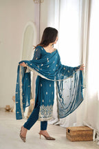 Teal Blue Faux Georgette Sequins Embroidered Straight Suit