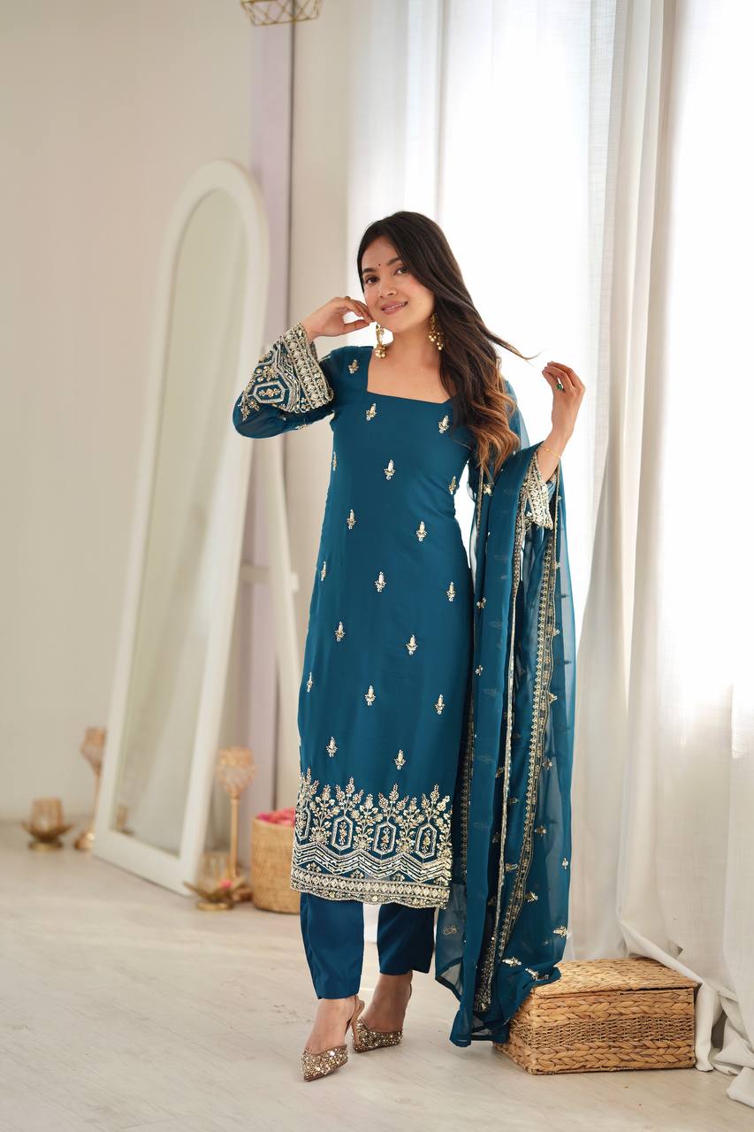 Teal Blue Faux Georgette Sequins Embroidered Straight Suit