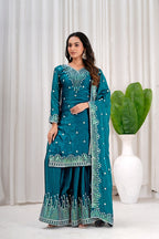 Teal Fendy Silk Sequence Embroidered Sharara Set for Women