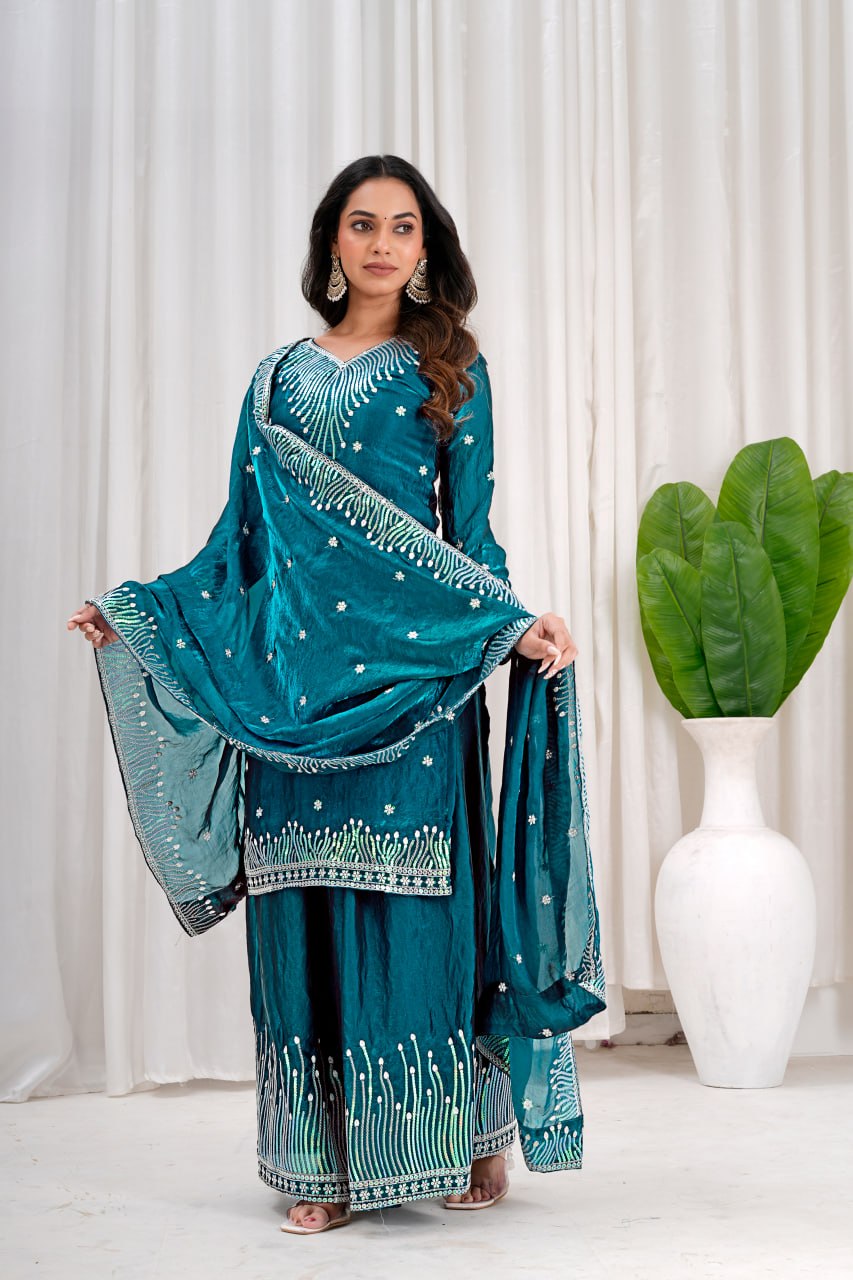 Teal Fendy Silk Sequence Embroidered Sharara Set for Women