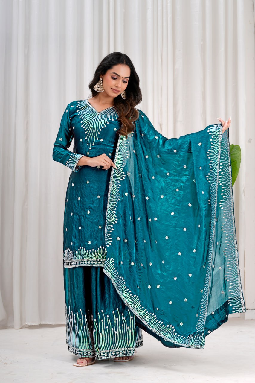 Teal Fendy Silk Sequence Embroidered Sharara Set for Women