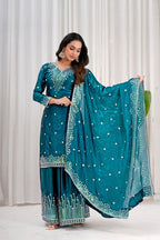Teal Fendy Silk Sequence Embroidered Sharara Set for Women