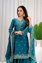 Teal Fendy Silk Sequence Embroidered Sharara Set for Women