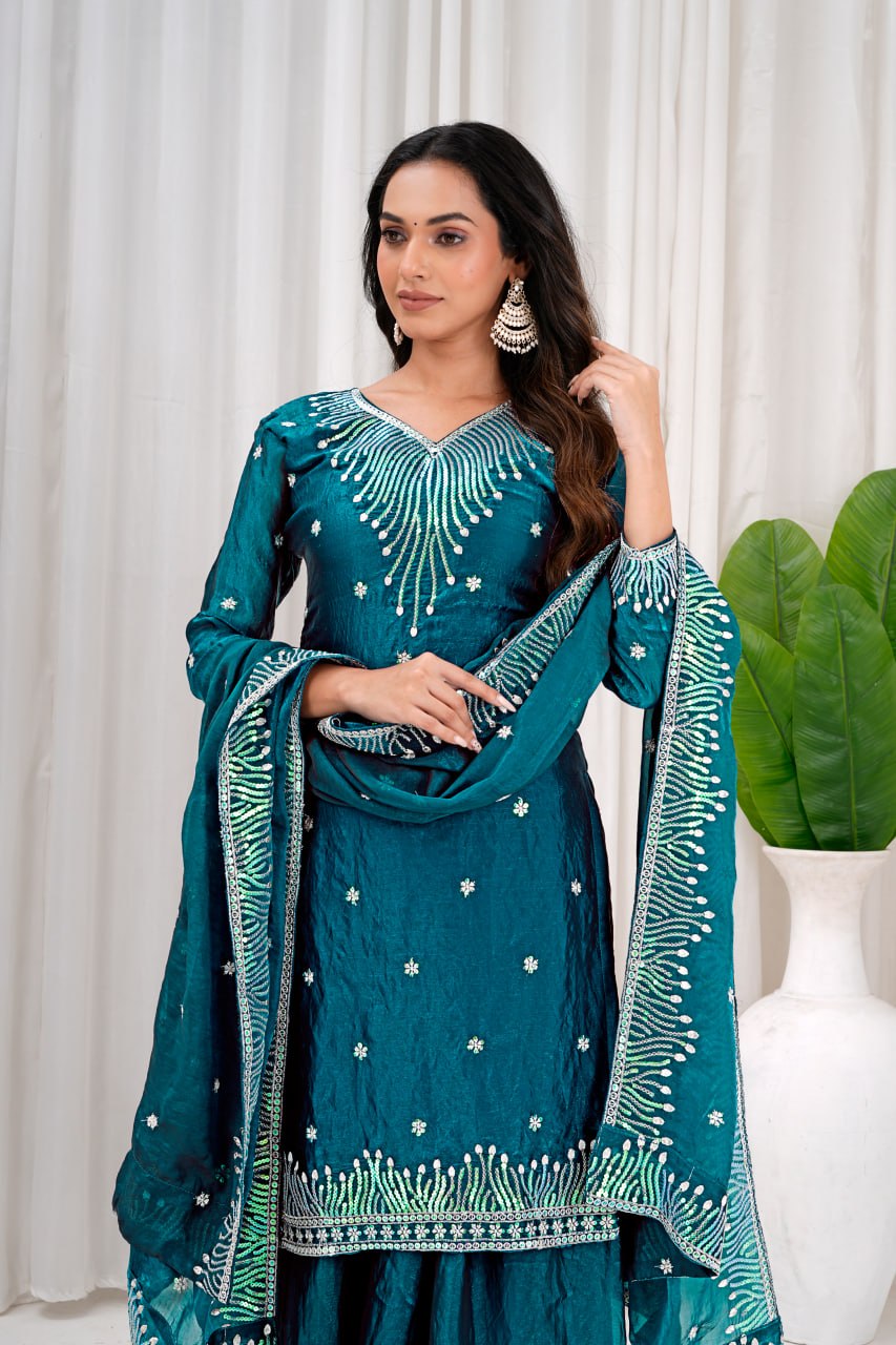 Teal Fendy Silk Sequence Embroidered Sharara Set for Women