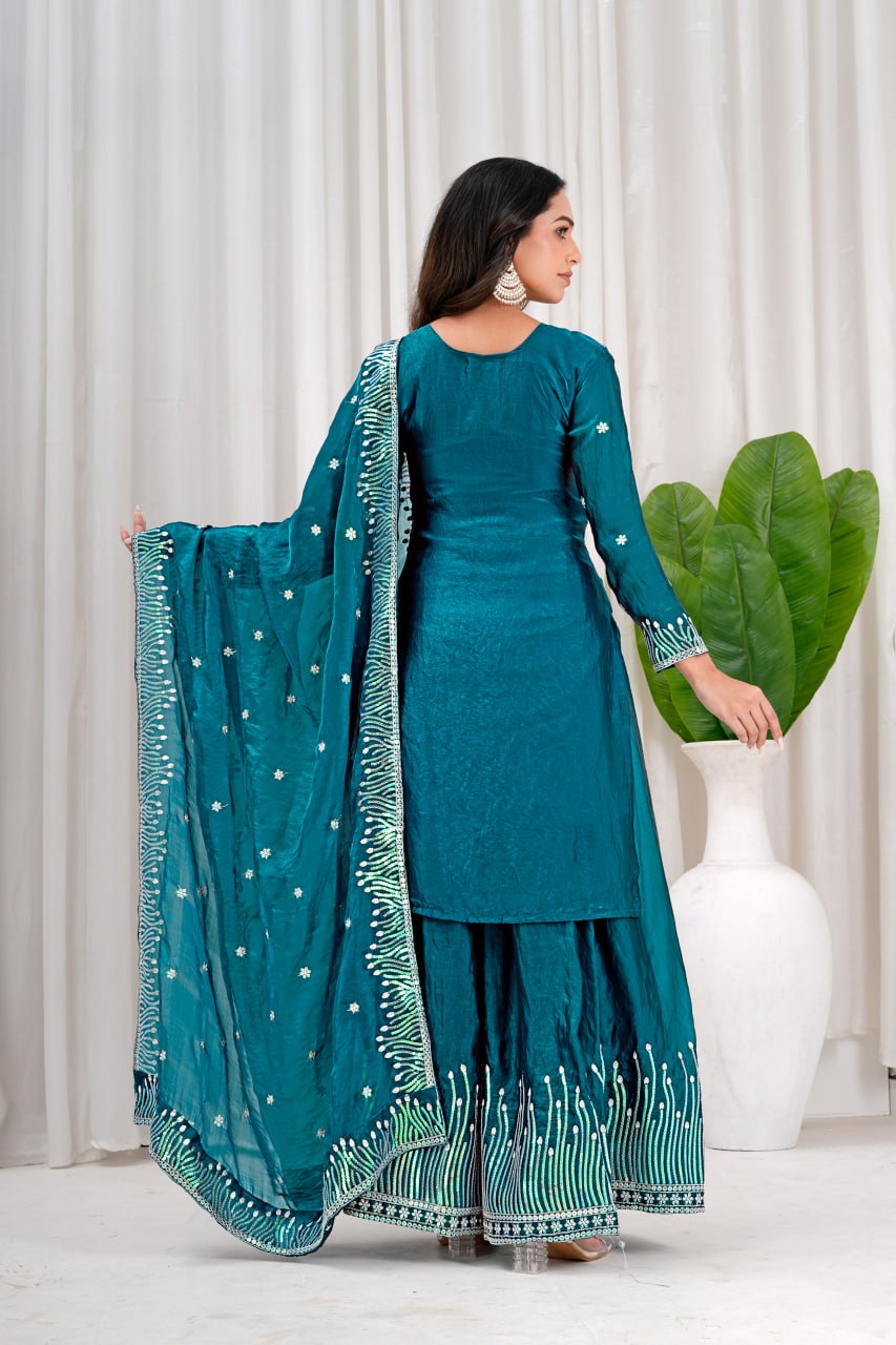 Teal Fendy Silk Sequence Embroidered Sharara Set for Women