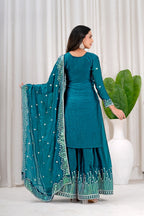 Teal Fendy Silk Sequence Embroidered Sharara Set for Women