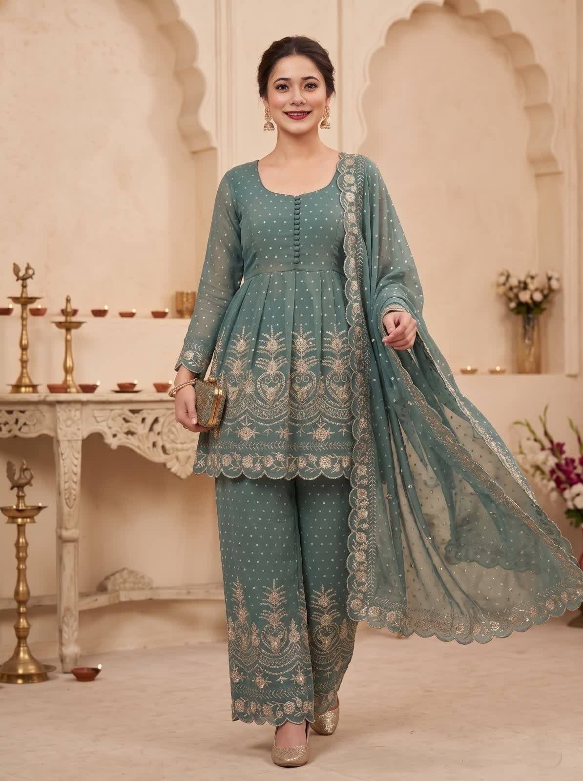 Teal Silk Embroidered Peplum Palazzo Set