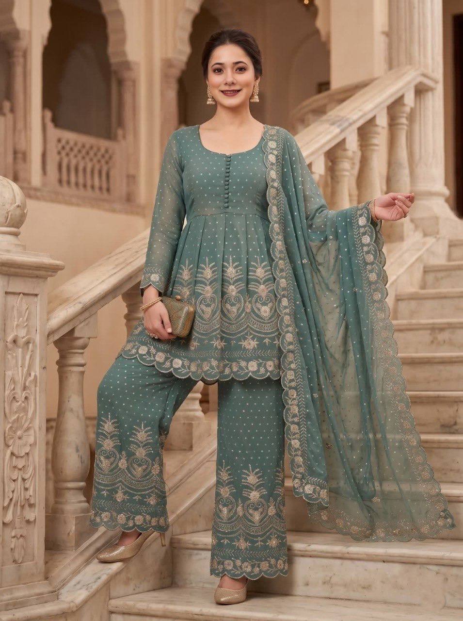 Teal Silk Embroidered Peplum Palazzo Set
