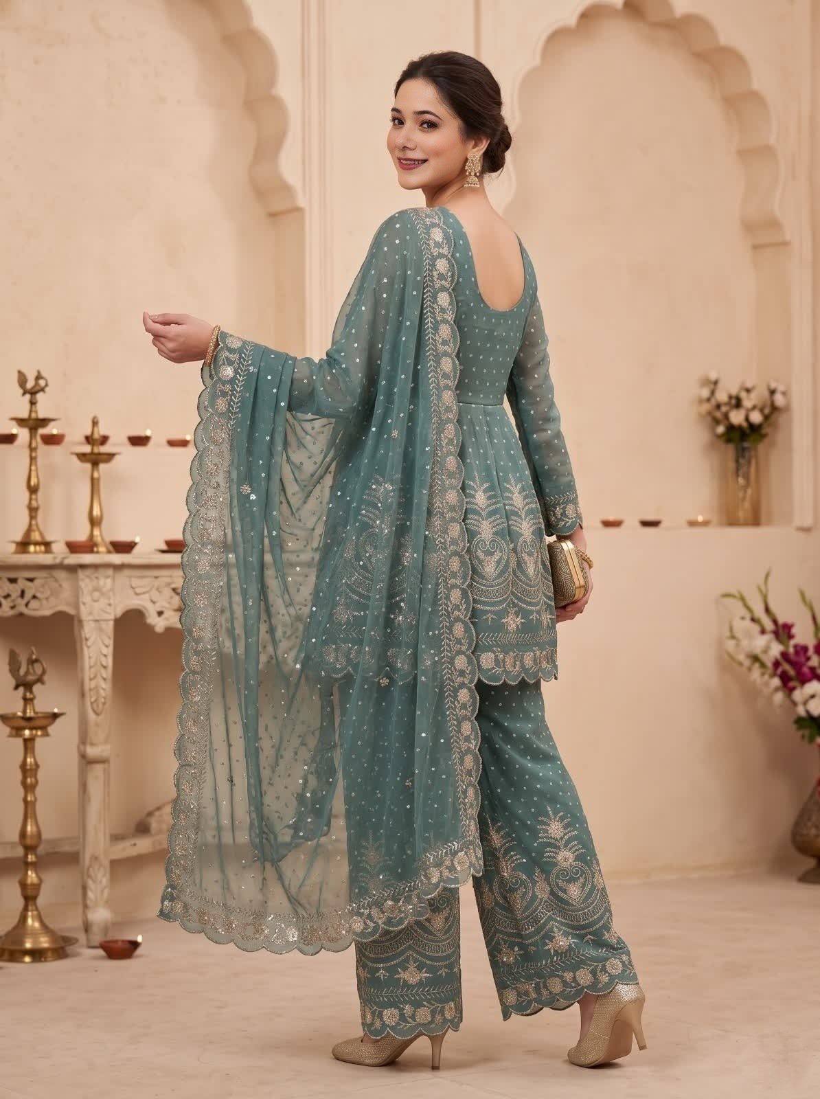 Teal Silk Embroidered Peplum Palazzo Set