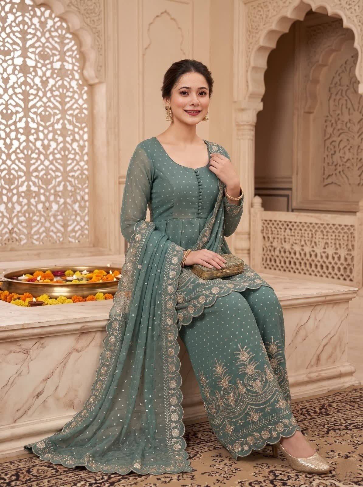 Teal Silk Embroidered Peplum Palazzo Set