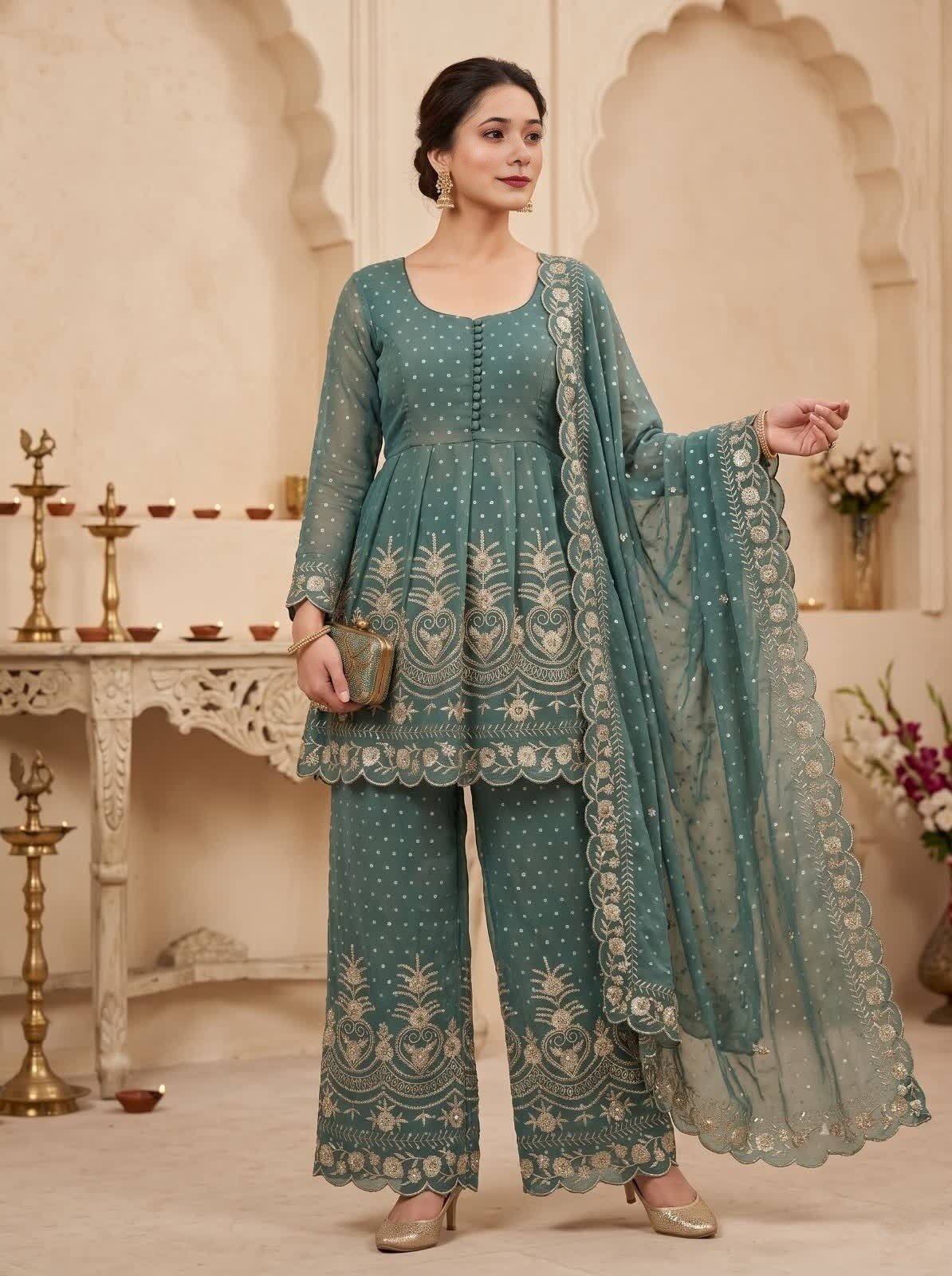 Teal Silk Embroidered Peplum Palazzo Set