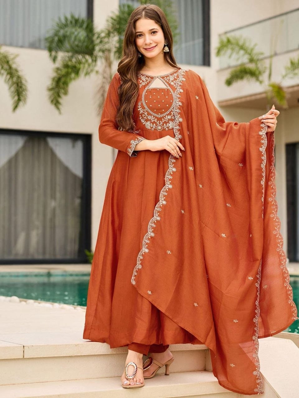 Orange Vichitra Silk Embroidered Anarkali Kurti Set