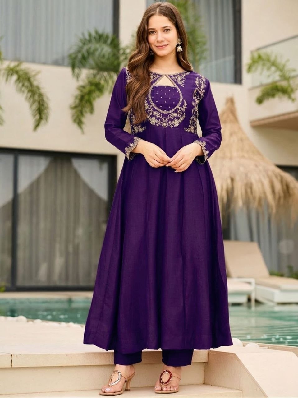 Purple Vichitra Silk Embroidered Anarkali Kurti Set