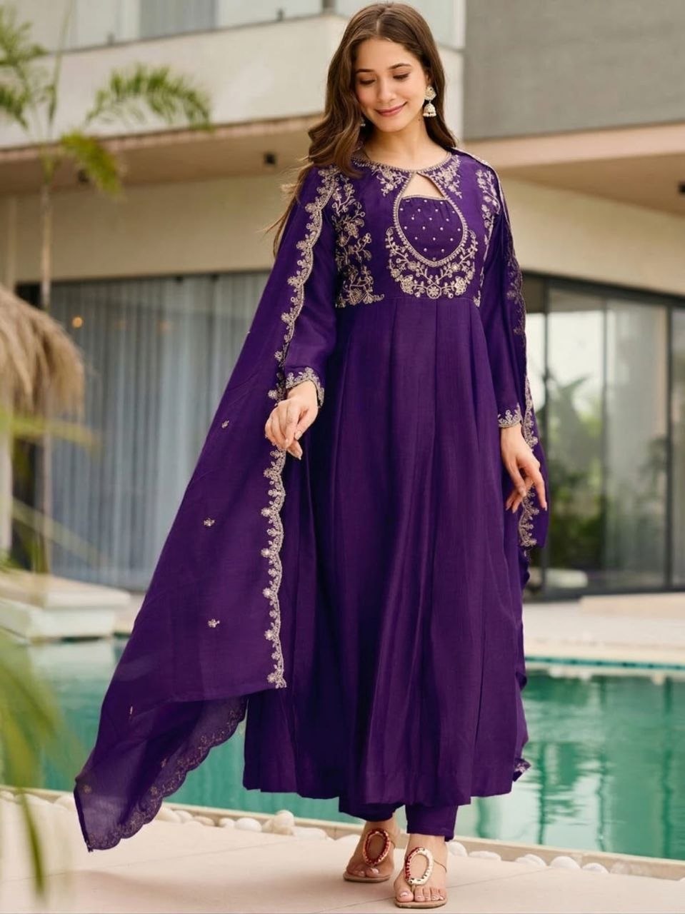 Purple Anarkali Kurti Set - dupatta draped