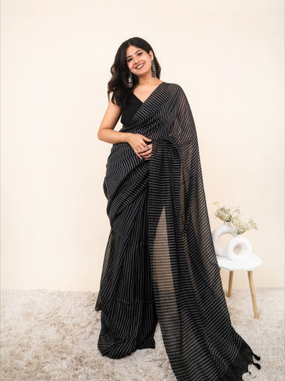 Black Linen Cotton Stripe Saree