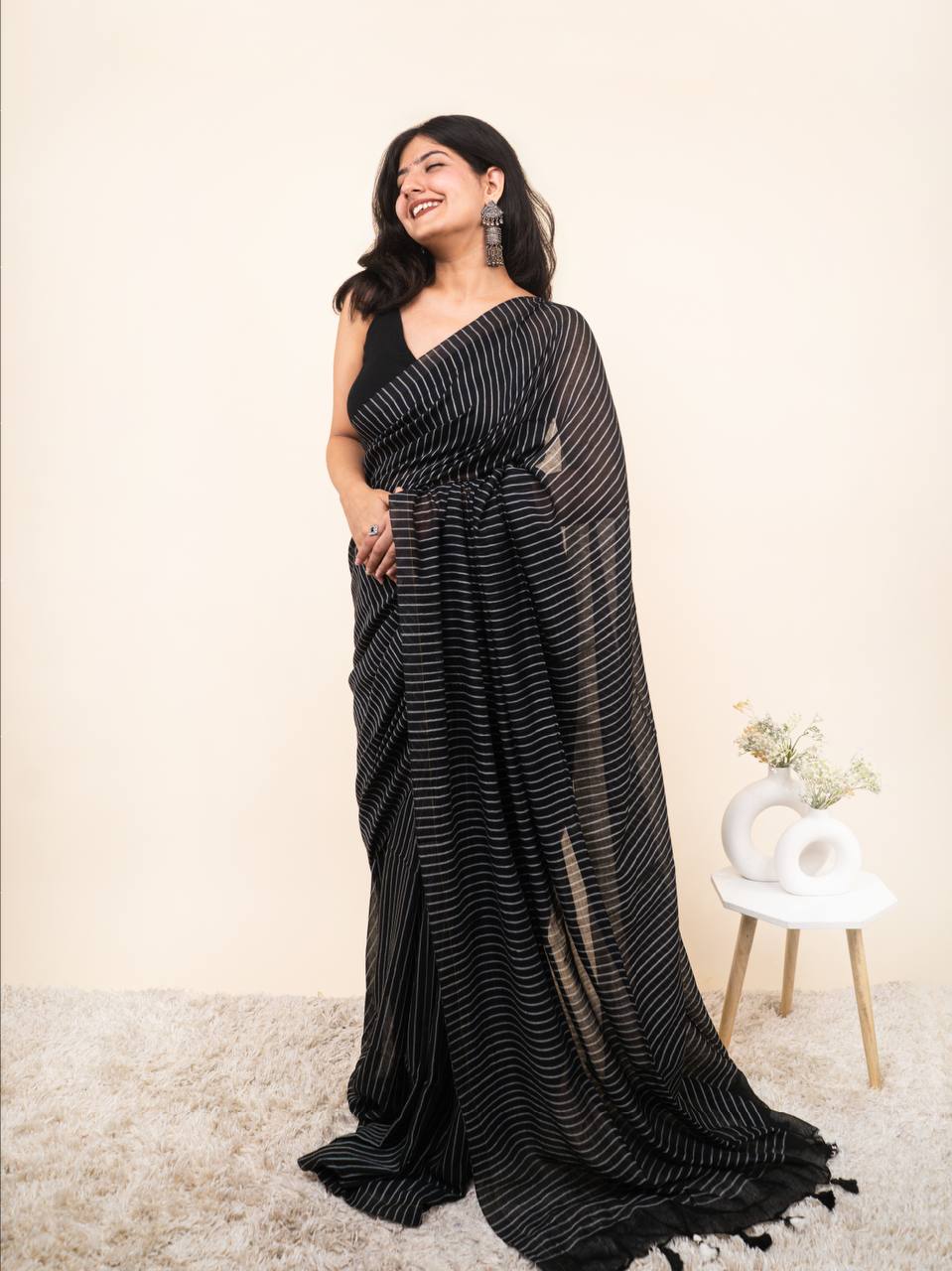 Black Linen Cotton Stripe Saree