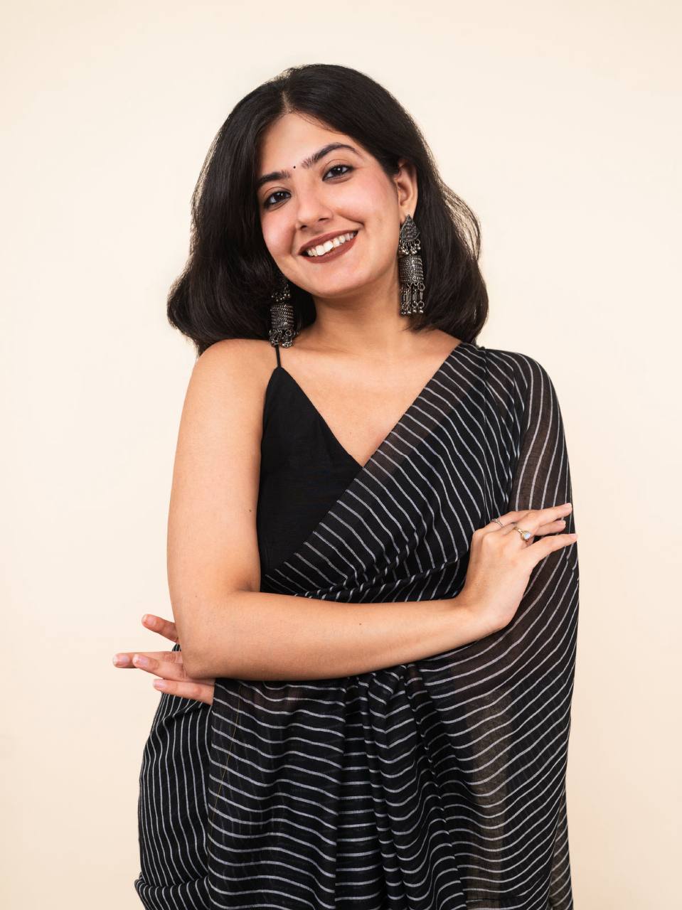 Black Linen Cotton Stripe Saree