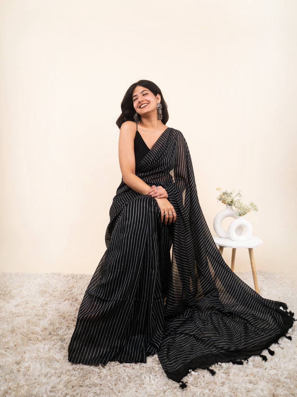 Black Linen Cotton Stripe Saree