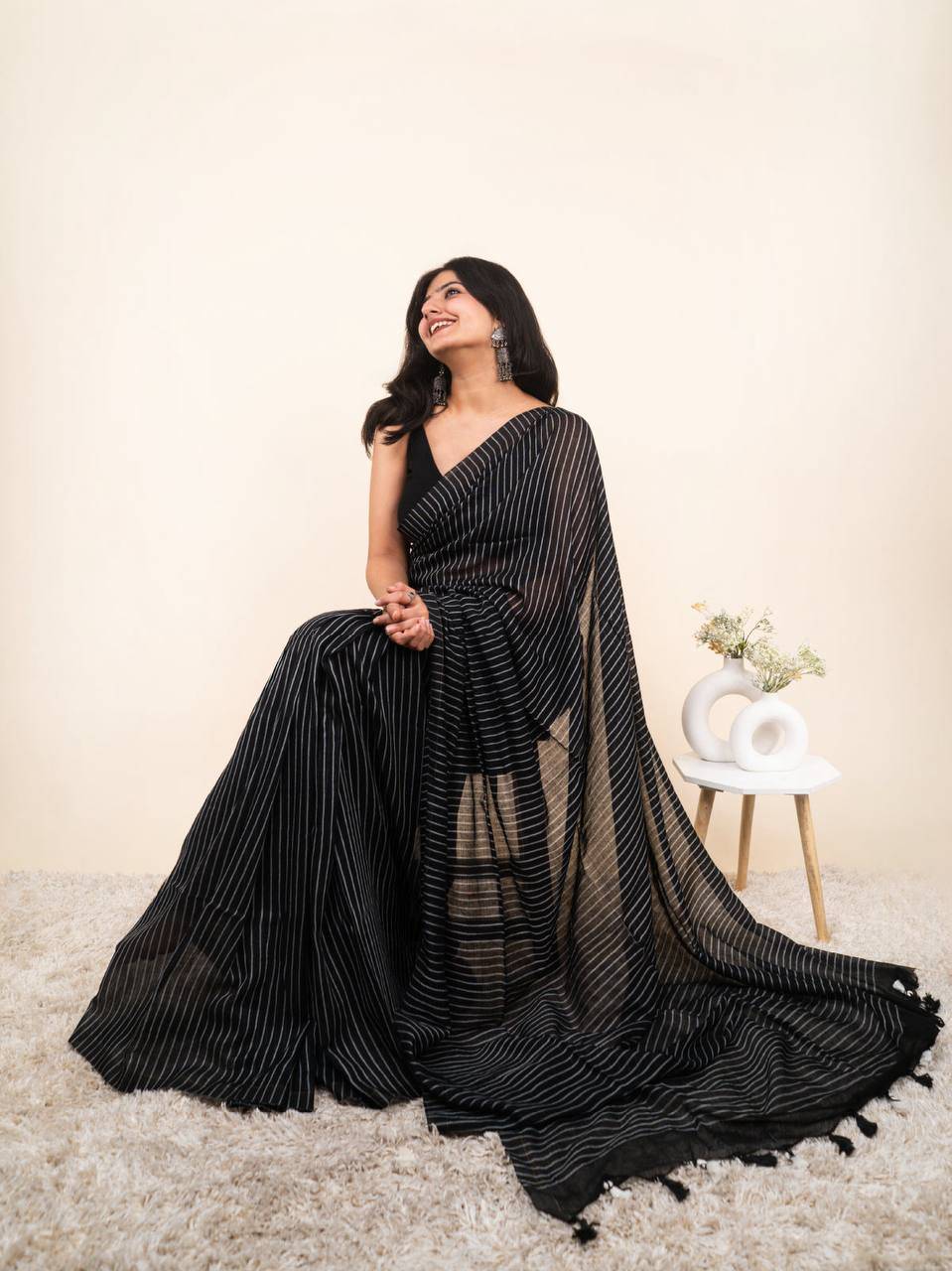 Black Linen Cotton Stripe Saree