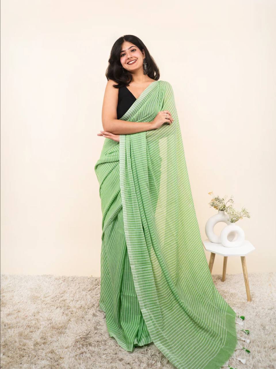 Green Linen Cotton Stripe Saree