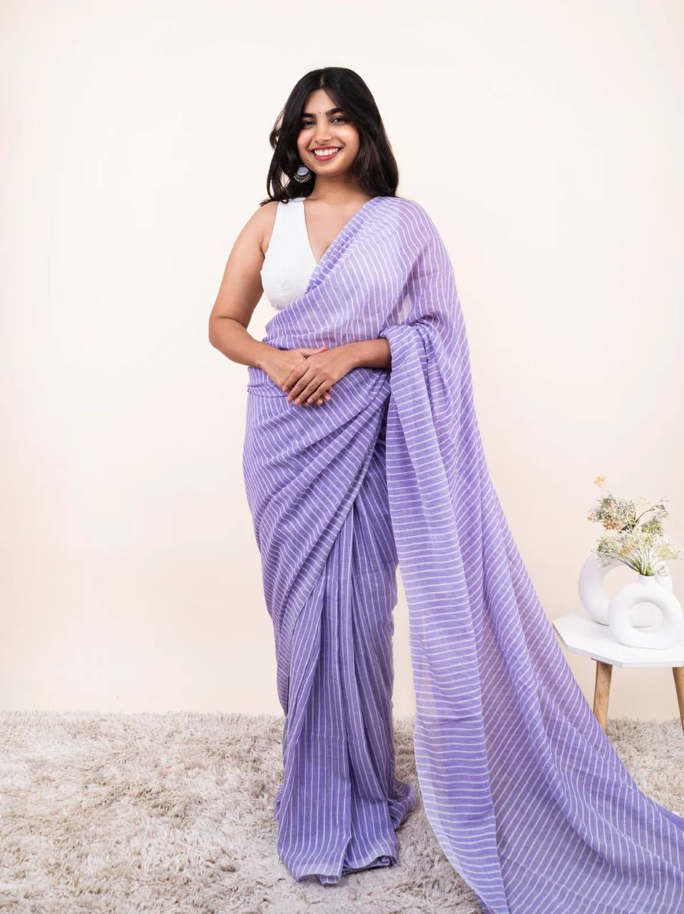 Lavender Linen Cotton Stripe Saree