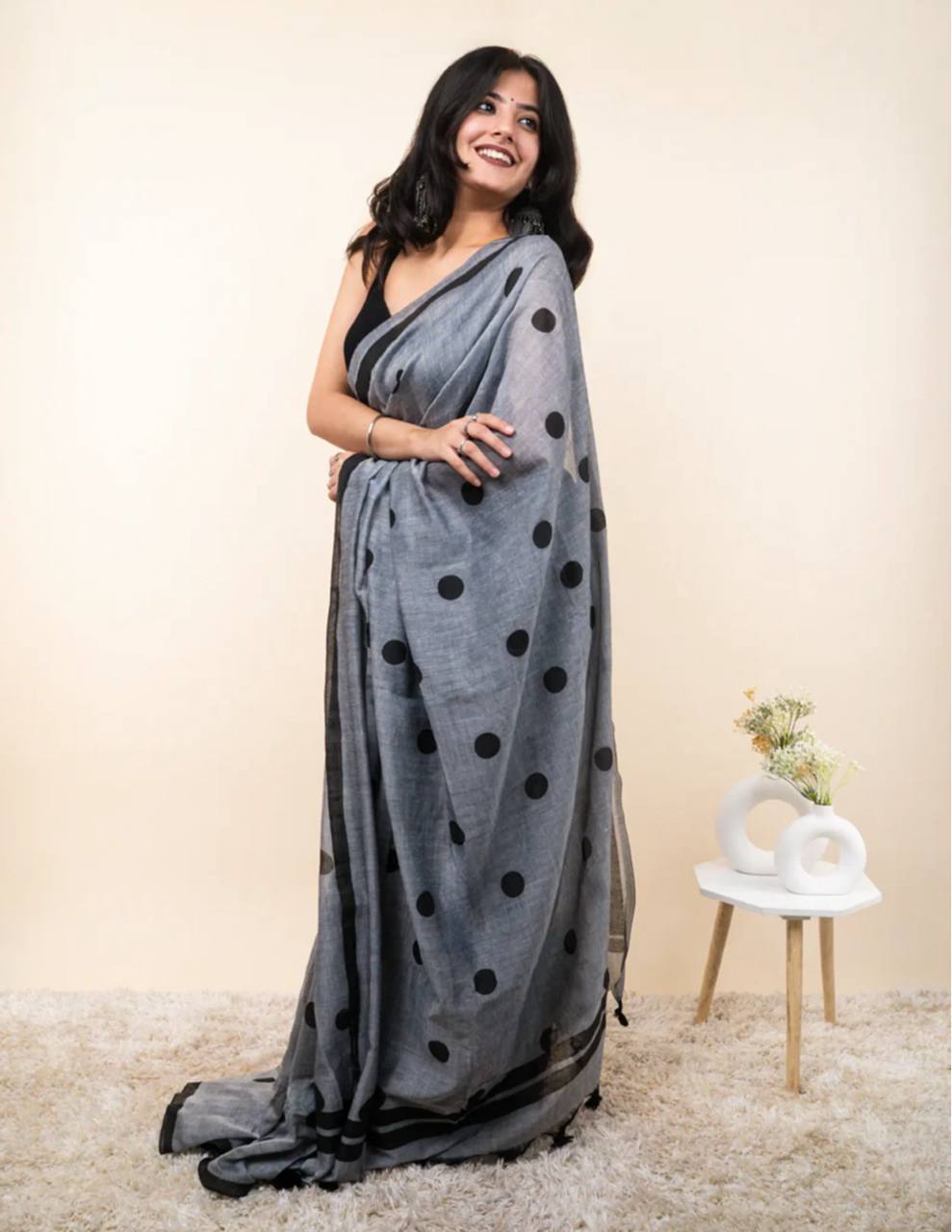 Grey Linen Cotton Polka Dot Saree