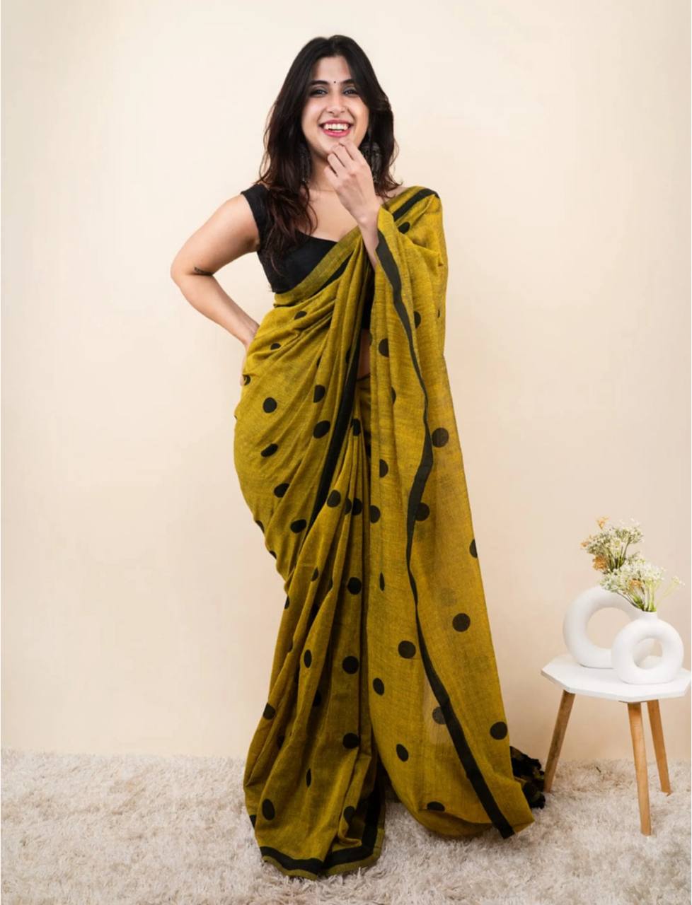 Mustard Linen Cotton Polka Dot Saree
