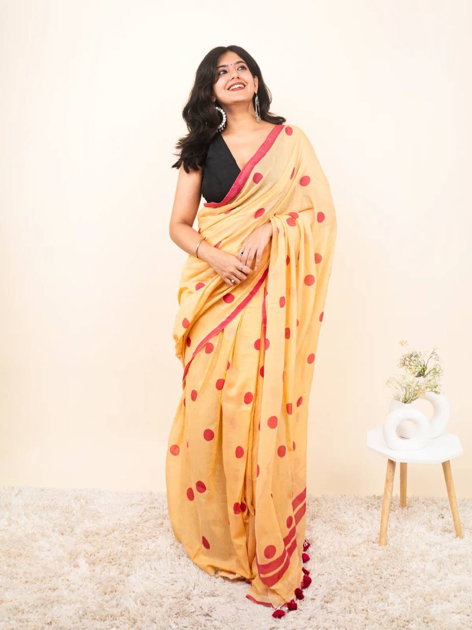 Peach Linen Cotton Polka Dot Saree