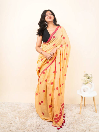 Peach Linen Cotton Polka Dot Saree