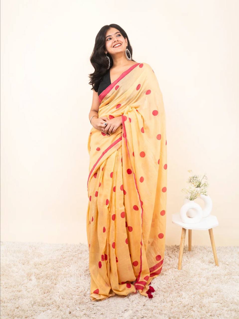 Peach Linen Cotton Polka Dot Saree