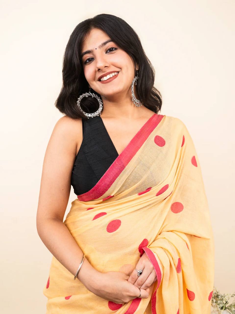 Peach Linen Cotton Polka Dot Saree