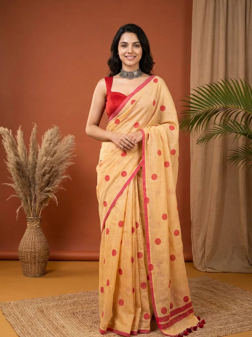 Peach Linen Cotton Polka Dot Saree