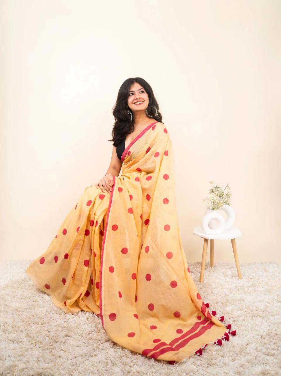 Peach Linen Cotton Polka Dot Saree