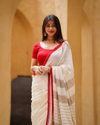 Off White Linen Cotton Contrast Border Saree