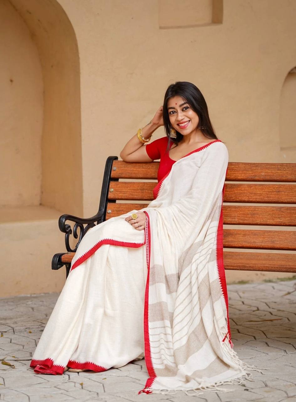 Off White Linen Cotton Contrast Border Saree