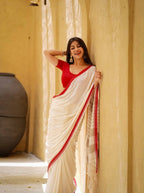 Off White Linen Cotton Contrast Border Saree