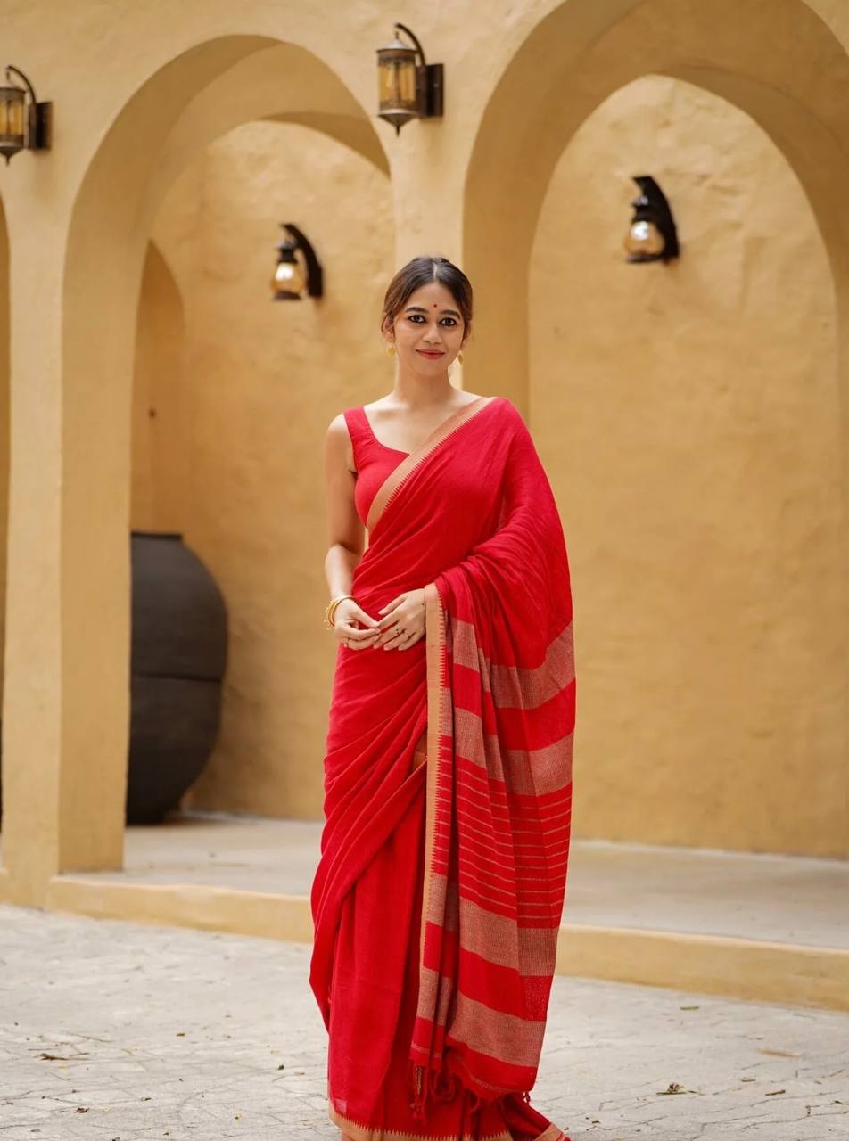 Red Linen Cotton Contrast Border Saree