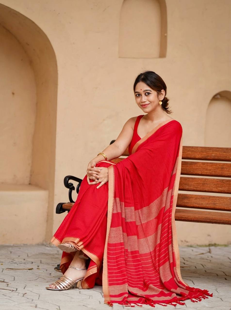 Red Linen Cotton Contrast Border Saree
