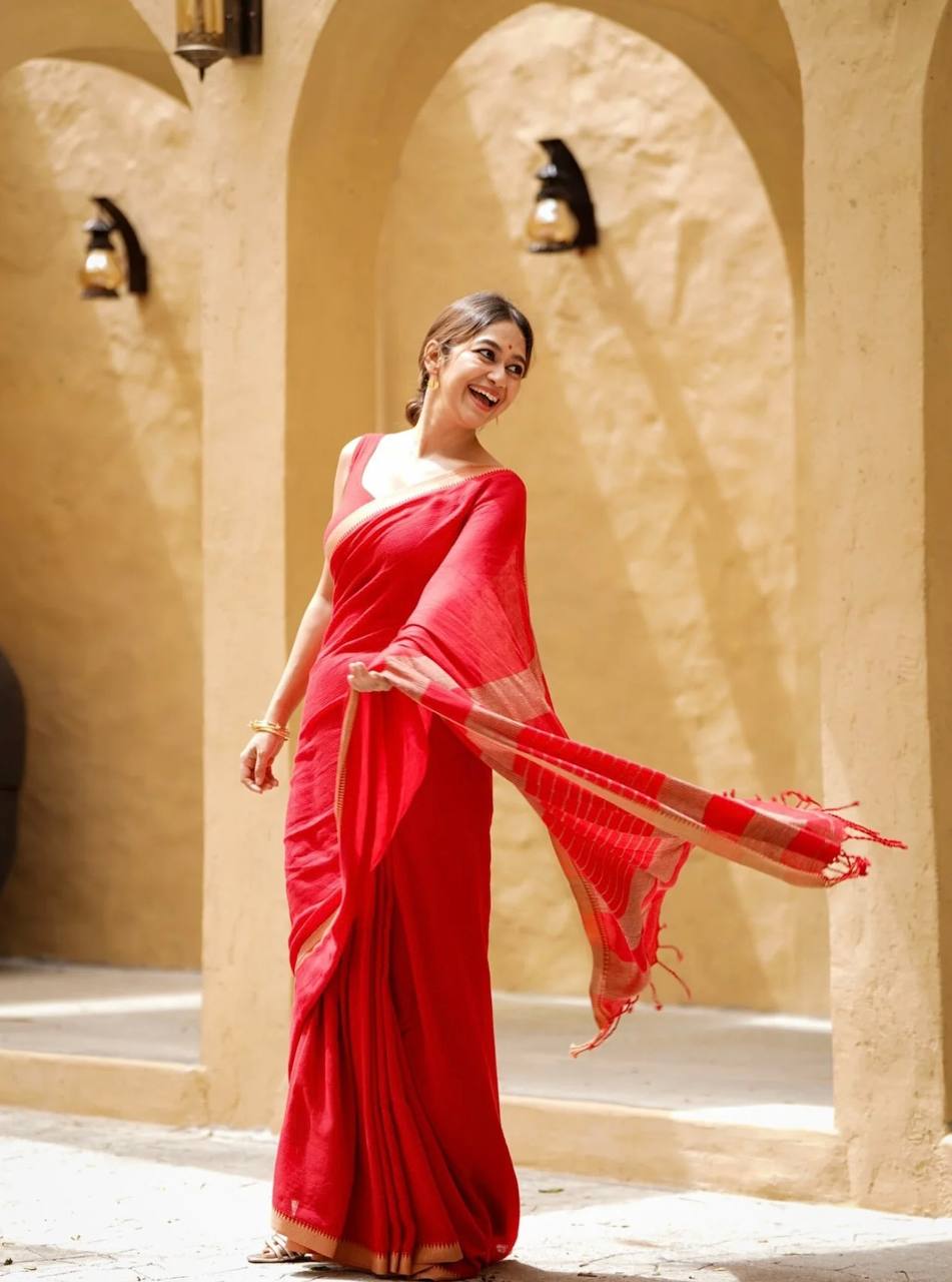 Red Linen Cotton Contrast Border Saree