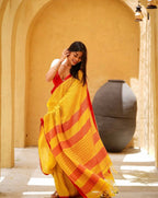 Yellow Linen Cotton Contrast Border Saree