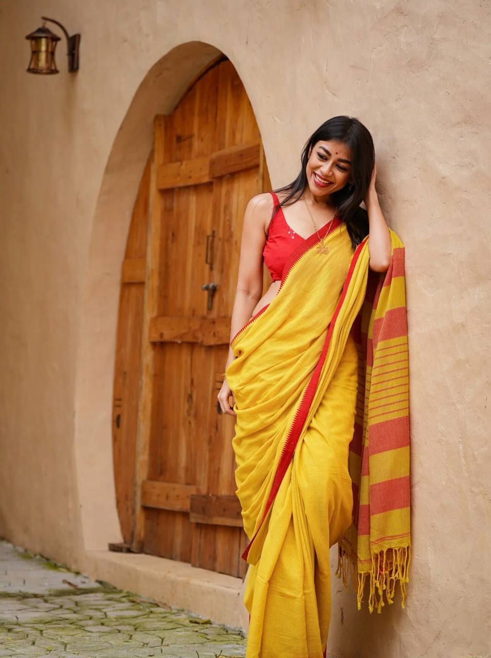 Yellow Linen Cotton Contrast Border Saree