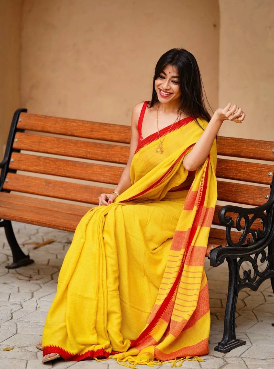 Yellow Linen Cotton Contrast Border Saree