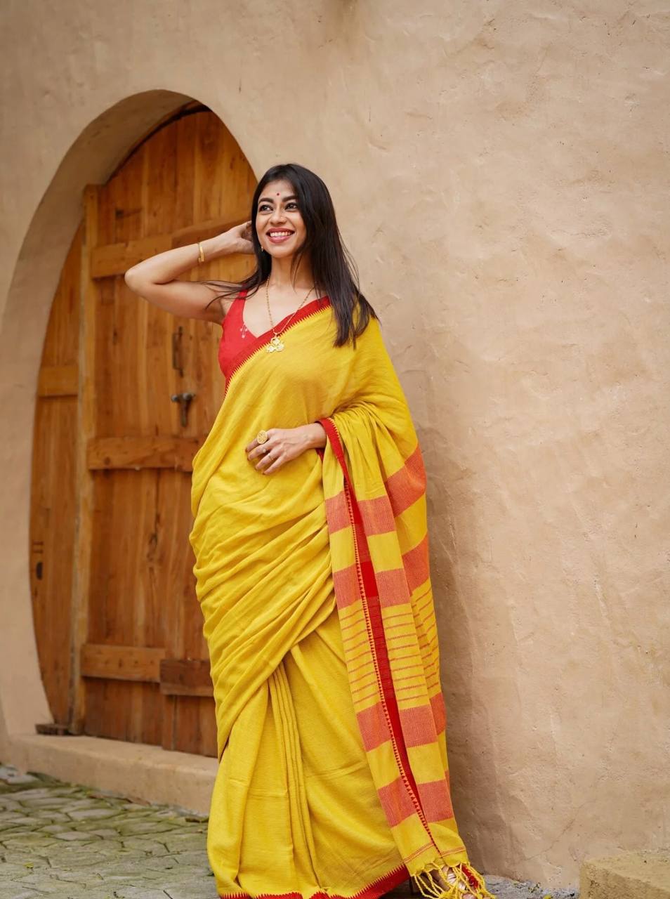Yellow Linen Cotton Contrast Border Saree