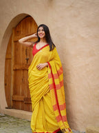 Yellow Linen Cotton Contrast Border Saree
