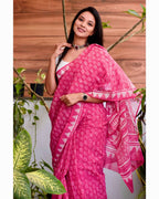 Pink Cotton Kota Check Digital Print Saree with Blouse Piece