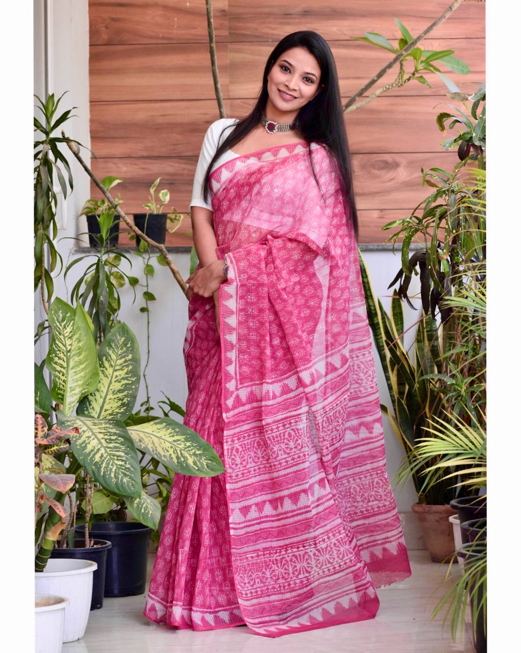 Pink Cotton Kota Check Digital Print Saree with Blouse Piece